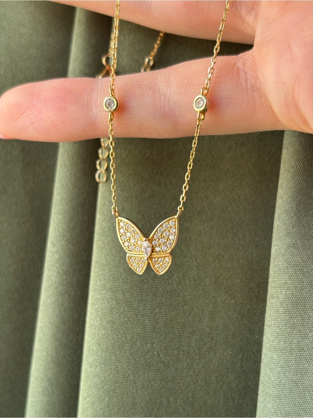 Gold Butterfly Pendant Necklace with Crystal Accents